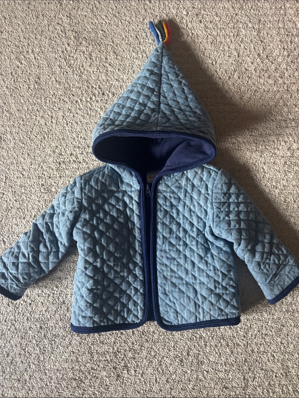 Hanna Andersson Quilted Light Blue Hooded Jacket with Navy Trim